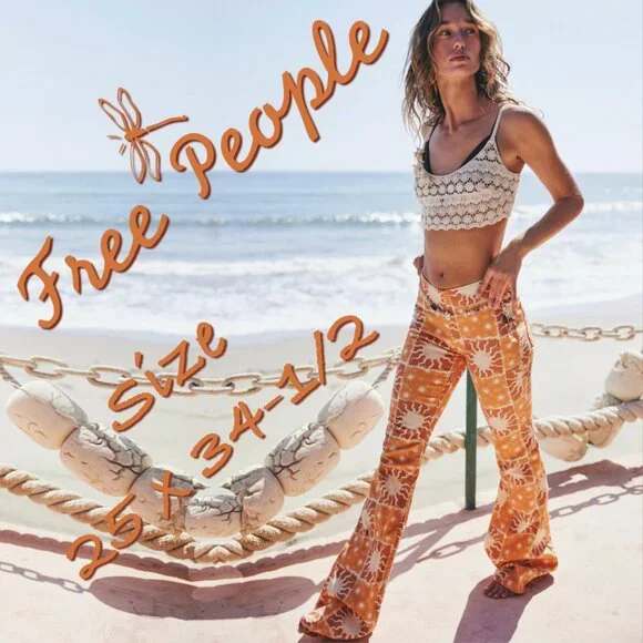 Rare Free People Printed Penny Pull-On Flares Sz 25 - Picture 1 of 15